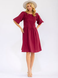 WOMEN'S SHORT PUFF SLEEVE FRONT POCKETS STITCHED DETAILED MINI DRESS