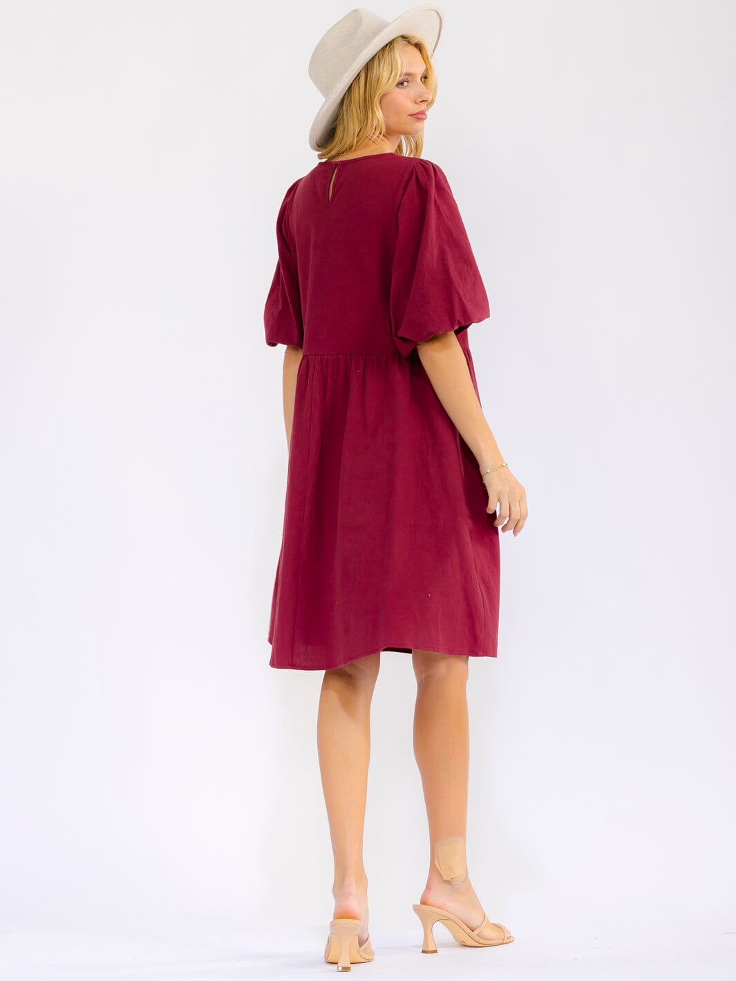 WOMEN'S SHORT PUFF SLEEVE FRONT POCKETS STITCHED DETAILED MINI DRESS