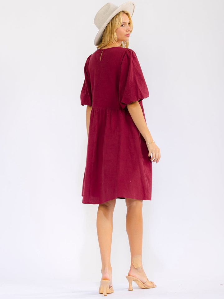 WOMEN'S SHORT PUFF SLEEVE FRONT POCKETS STITCHED DETAILED MINI DRESS