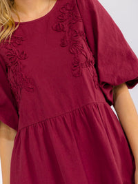 WOMEN'S SHORT PUFF SLEEVE FRONT POCKETS STITCHED DETAILED MINI DRESS
