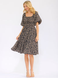 WOMEN'S SHORT PUFF SLEEVE SQUARE NECK FRONT POCKETS ELASTIC WAIST FLORAL MINI DRESS
