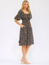 WOMEN'S SHORT PUFF SLEEVE SQUARE NECK FRONT POCKETS ELASTIC WAIST FLORAL MINI DRESS