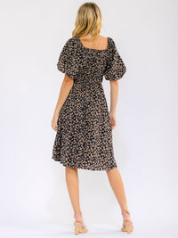 WOMEN'S SHORT PUFF SLEEVE SQUARE NECK FRONT POCKETS ELASTIC WAIST FLORAL MINI DRESS