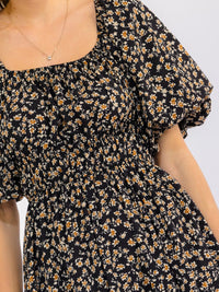 WOMEN'S SHORT PUFF SLEEVE SQUARE NECK FRONT POCKETS ELASTIC WAIST FLORAL MINI DRESS
