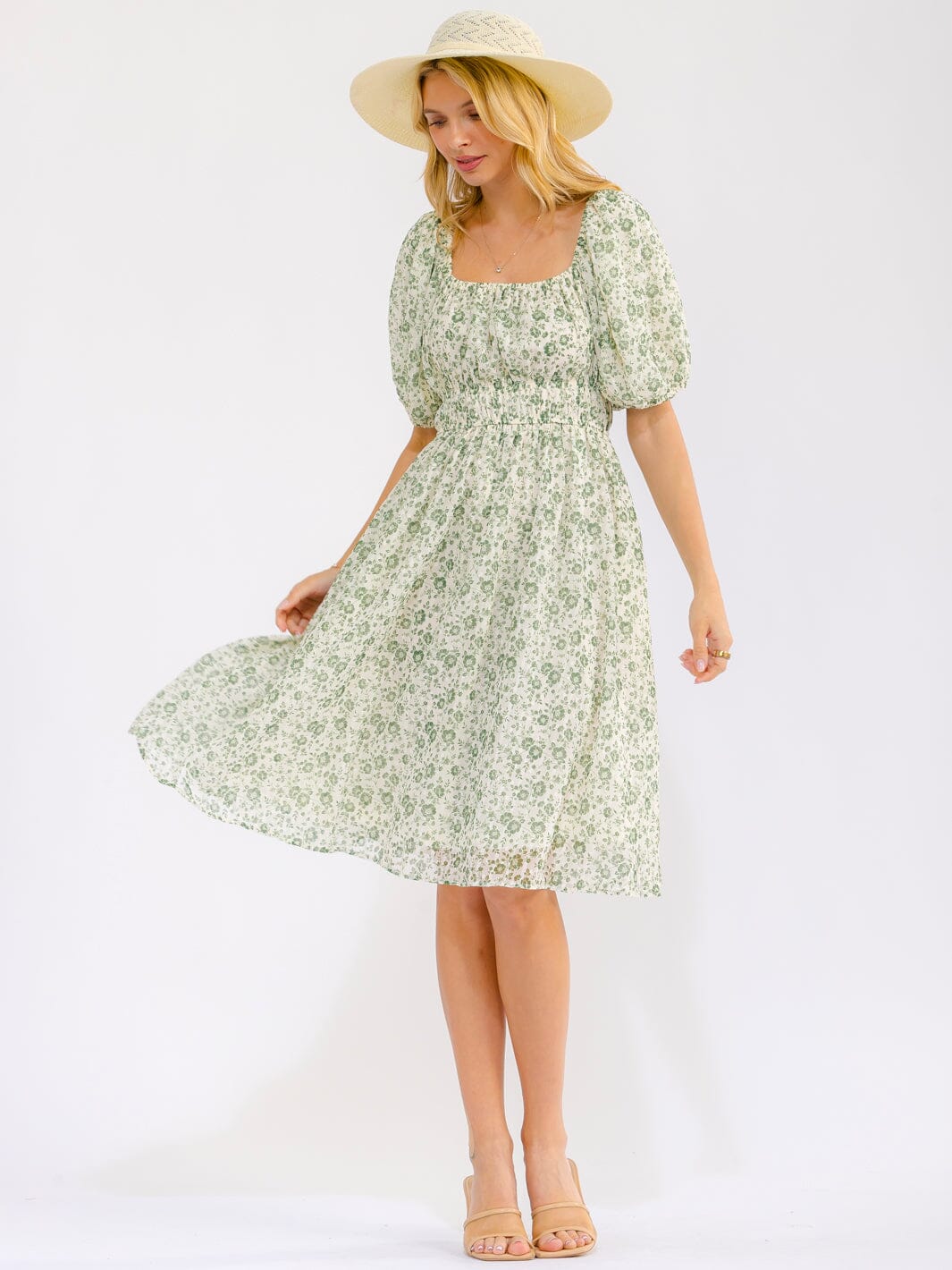 WOMEN'S SHORT SLEEVE SQUARE NECK FRONT POCKETS FLORAL MINI DRESS