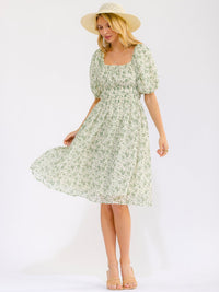 WOMEN'S SHORT SLEEVE SQUARE NECK FRONT POCKETS FLORAL MINI DRESS