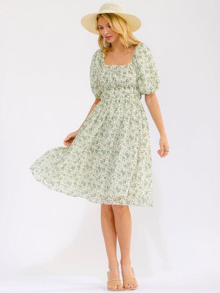 WOMEN'S SHORT SLEEVE SQUARE NECK FRONT POCKETS FLORAL MINI DRESS