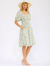 WOMEN'S SHORT SLEEVE SQUARE NECK FRONT POCKETS FLORAL MINI DRESS