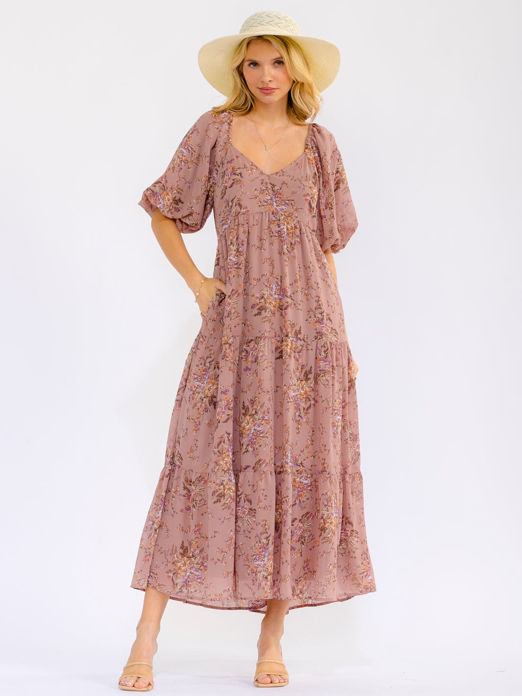 WOMEN'S SHORT SLEEVE V-NECK POCKETS ELASTIC WAIST TIERED FLORAL MAXI DRESS