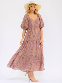 WOMEN'S SHORT SLEEVE V-NECK POCKETS ELASTIC WAIST TIERED FLORAL MAXI DRESS