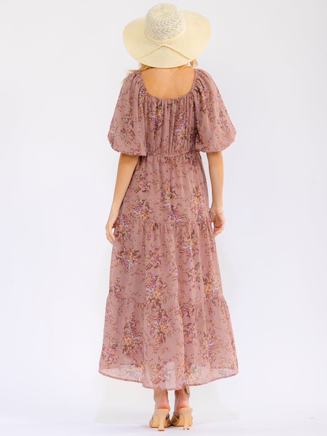 WOMEN'S SHORT SLEEVE V-NECK POCKETS ELASTIC WAIST TIERED FLORAL MAXI DRESS