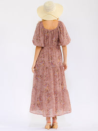 WOMEN'S SHORT SLEEVE V-NECK POCKETS ELASTIC WAIST TIERED FLORAL MAXI DRESS