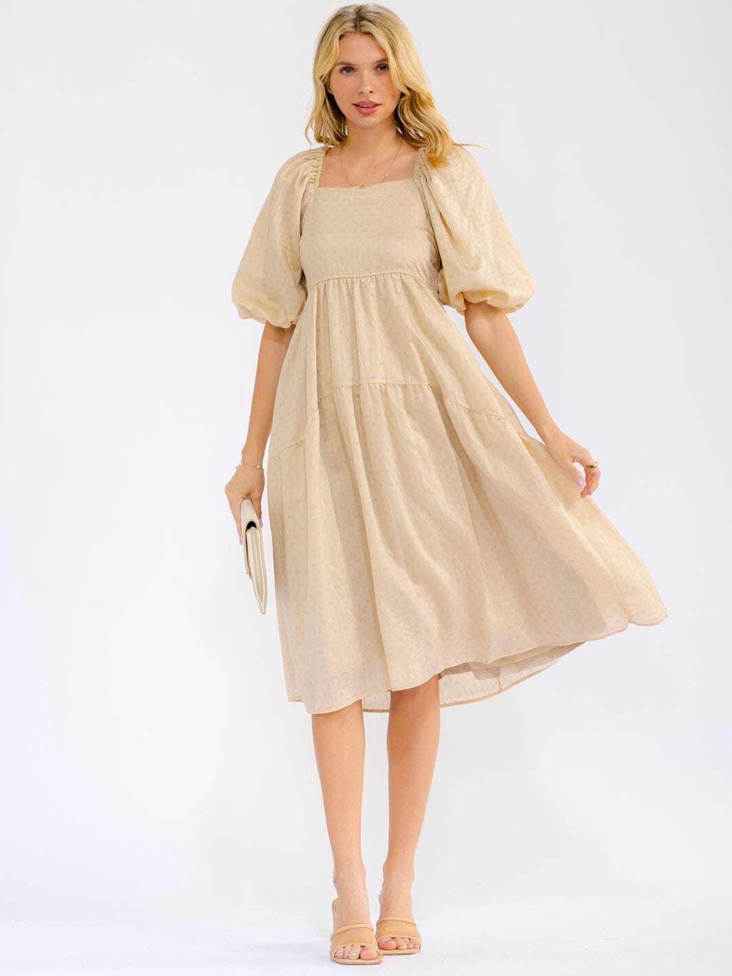 WOMEN'S SHORT PUFF SLEEVE SQUARE NECK POCKETS SMOCK TIERED MIDI DRESS