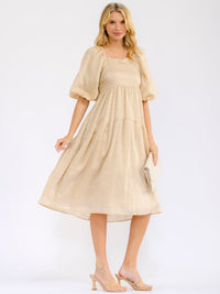 WOMEN'S SHORT PUFF SLEEVE SQUARE NECK POCKETS SMOCK TIERED MIDI DRESS