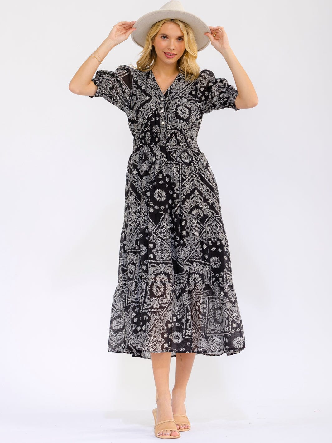WOMEN'S SHORT PUFF SLEEVE V-NECK BUTTON UP FRONT POCKETS MULTI PRINT MAXI DRESS