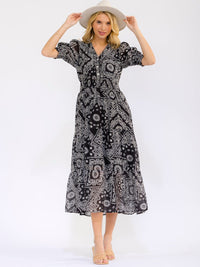 WOMEN'S SHORT PUFF SLEEVE V-NECK BUTTON UP FRONT POCKETS MULTI PRINT MAXI DRESS