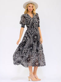 WOMEN'S SHORT PUFF SLEEVE V-NECK BUTTON UP FRONT POCKETS MULTI PRINT MAXI DRESS