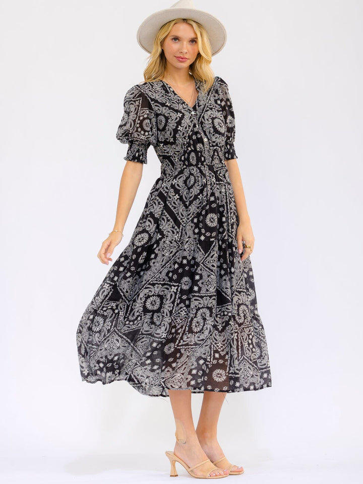 WOMEN'S SHORT PUFF SLEEVE V-NECK BUTTON UP FRONT POCKETS MULTI PRINT MAXI DRESS