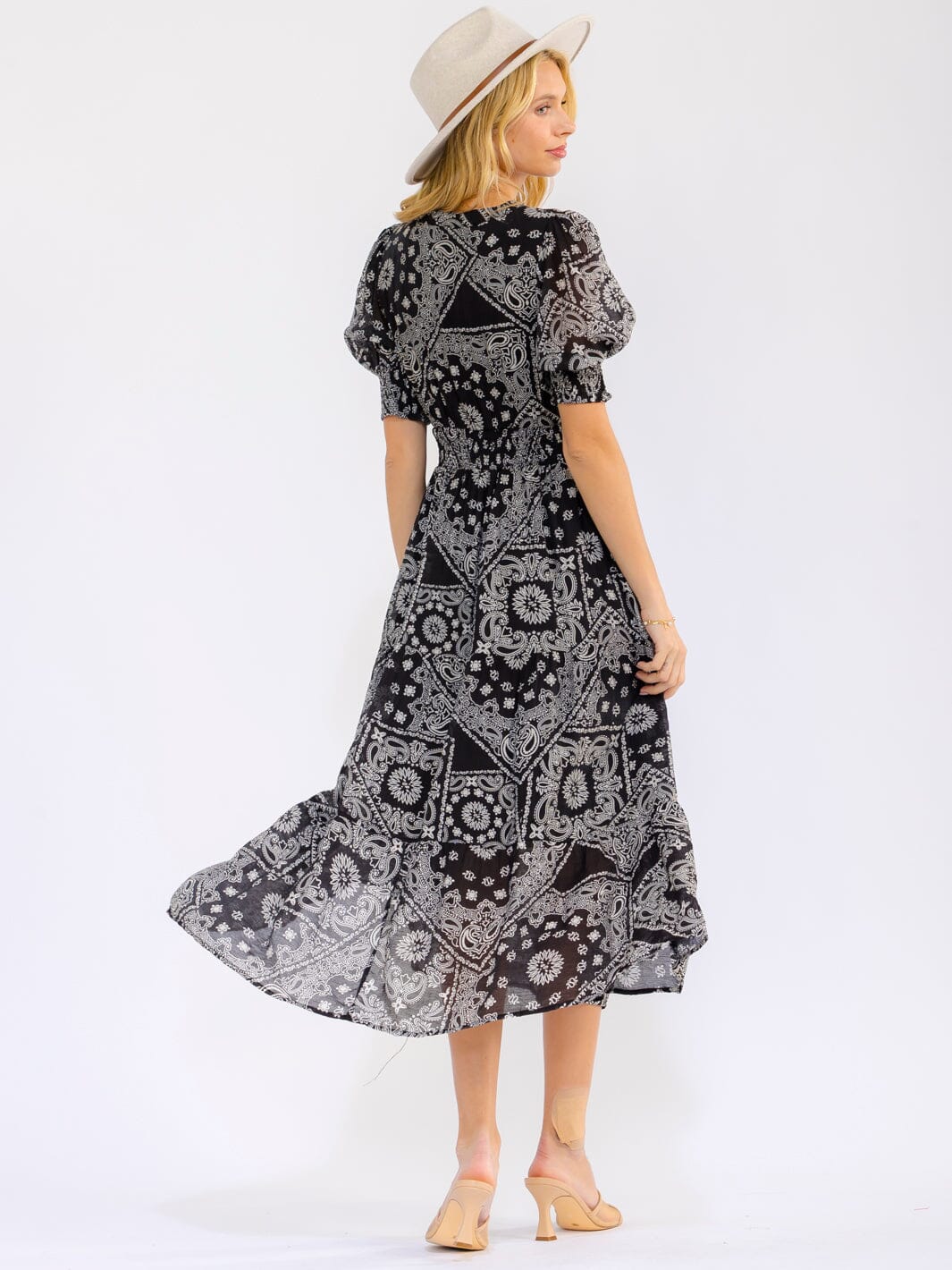 WOMEN'S SHORT PUFF SLEEVE V-NECK BUTTON UP FRONT POCKETS MULTI PRINT MAXI DRESS