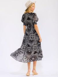 WOMEN'S SHORT PUFF SLEEVE V-NECK BUTTON UP FRONT POCKETS MULTI PRINT MAXI DRESS