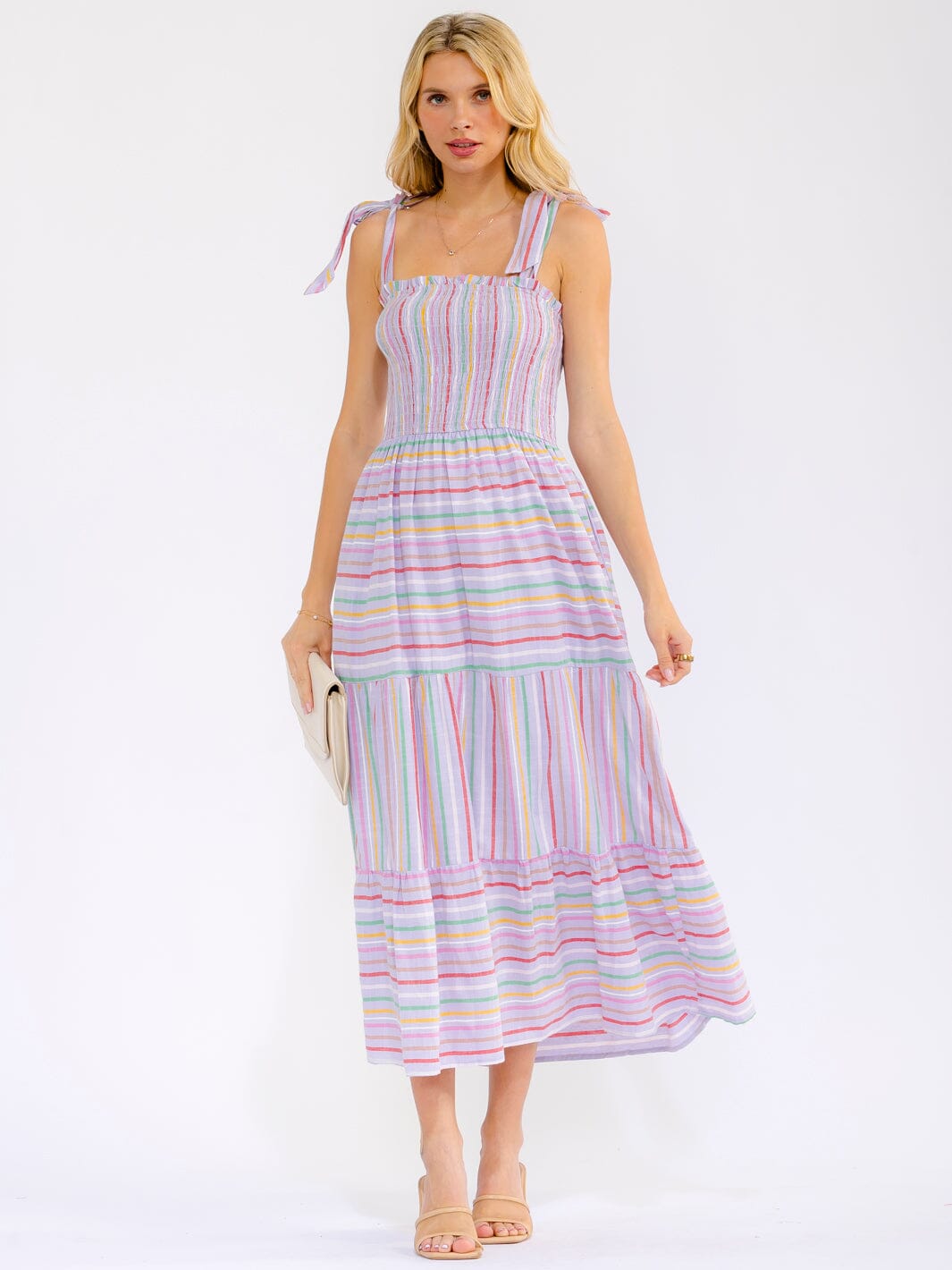 WOMEN'S SLEEVELESS SMOCK FRONT POCKETS COLORBLOCK STRIPES MAXI DRESS