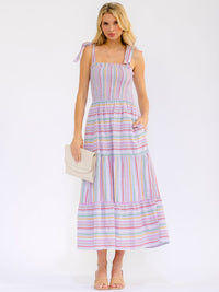 WOMEN'S SLEEVELESS SMOCK FRONT POCKETS COLORBLOCK STRIPES MAXI DRESS