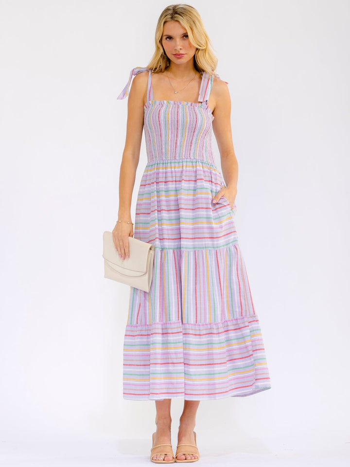 WOMEN'S SLEEVELESS SMOCK FRONT POCKETS COLORBLOCK STRIPES MAXI DRESS
