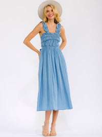WOMEN'S SLEEVELESS SQUARE NECK FRONT POCKETS CHAMBRAY MAXI DRESS
