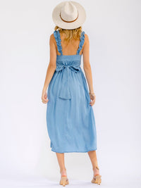 WOMEN'S SLEEVELESS SQUARE NECK FRONT POCKETS CHAMBRAY MAXI DRESS