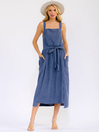 WOMEN'S SLEEVELESS SQUARE NECK FRONT POCKETS SELF TIE WRAP MAXI DRESS