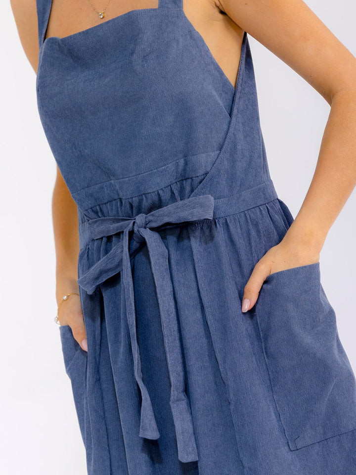 WOMEN'S SLEEVELESS SQUARE NECK FRONT POCKETS SELF TIE WRAP MAXI DRESS