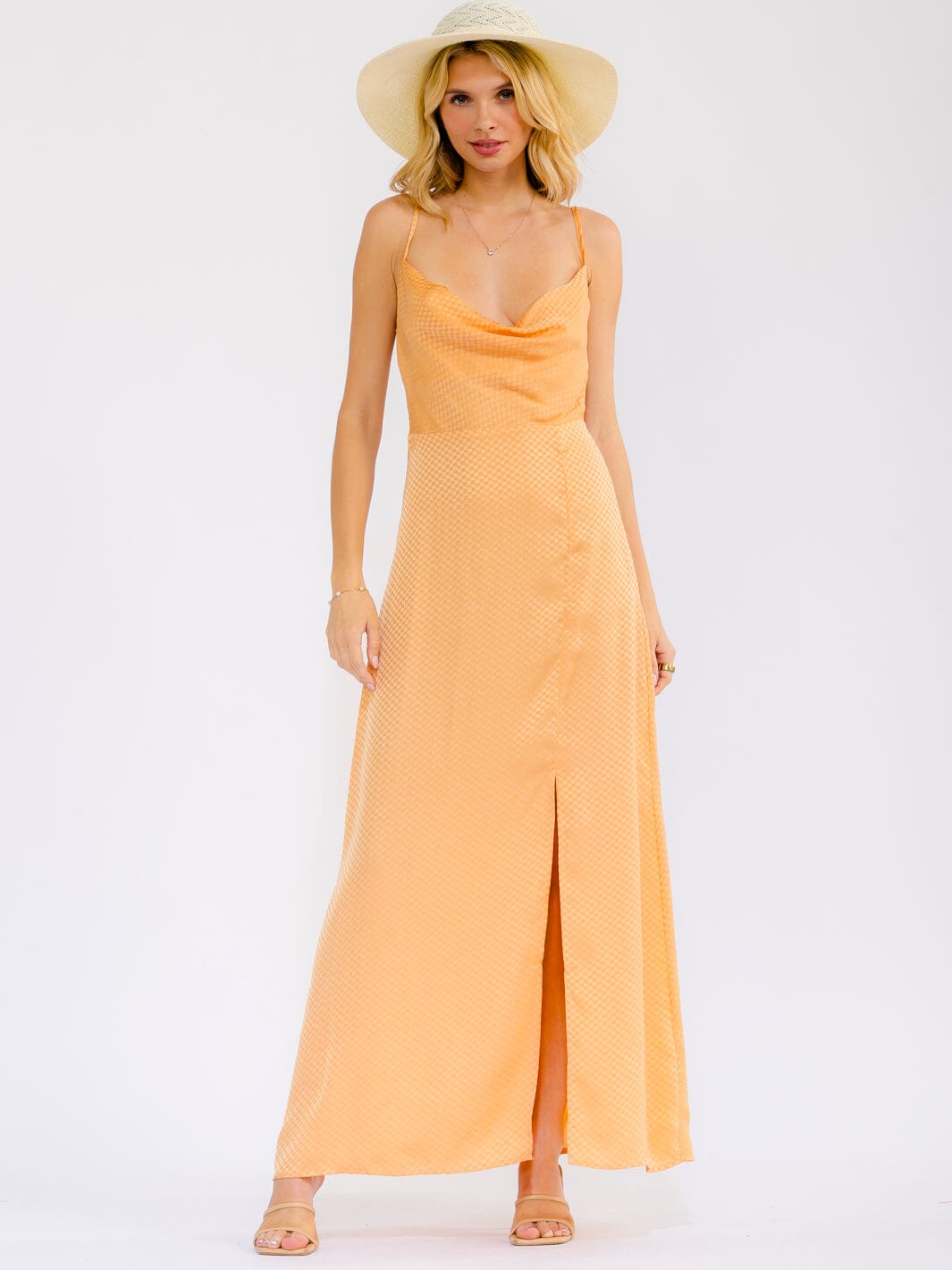 WOMEN'S SLEEVELESS COWL NECK SMOCK SIDE SLIT BODYCON MAXI DRESS