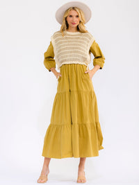 WOMEN'S LONG SLEEVE CROCHET DETAILED FRONT POCKETS TIERED MAXI DRESS