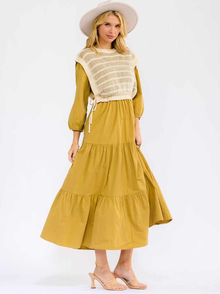 WOMEN'S LONG SLEEVE CROCHET DETAILED FRONT POCKETS TIERED MAXI DRESS