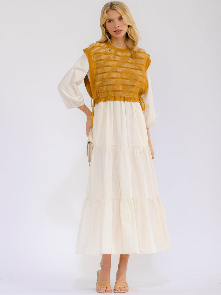 WOMEN'S LONG SLEEVE CROCHET DETAILED FRONT POCKETS TIERED MAXI DRESS