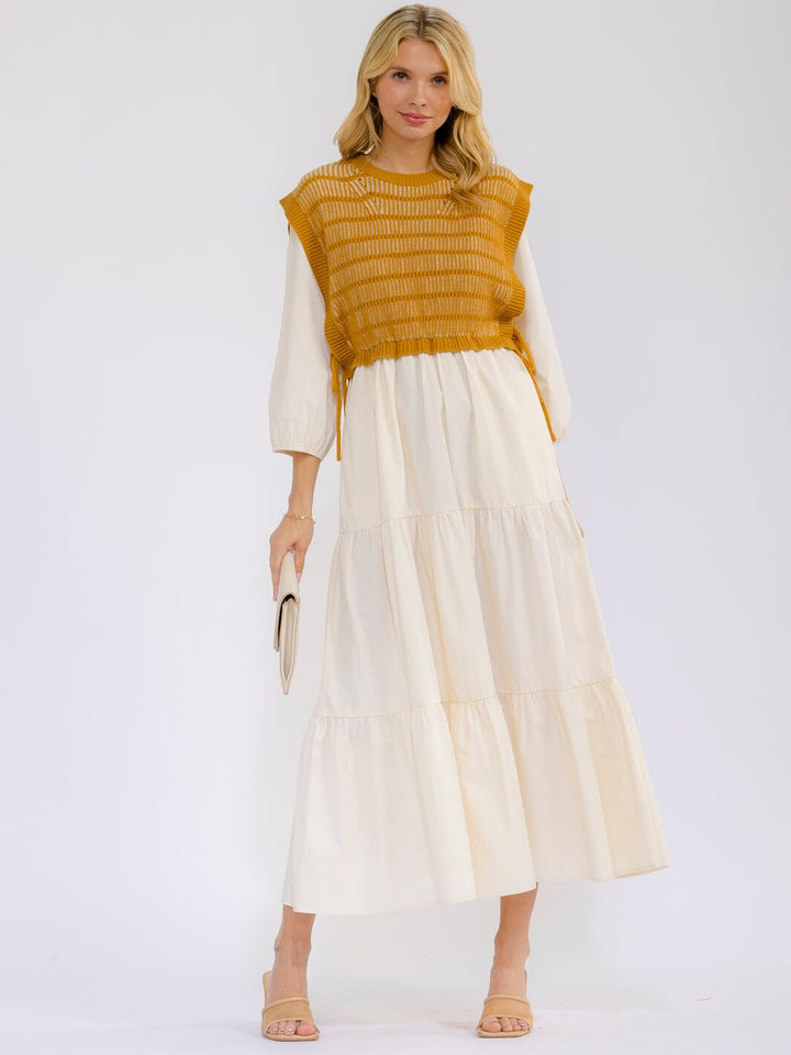 WOMEN'S LONG SLEEVE CROCHET DETAILED FRONT POCKETS TIERED MAXI DRESS