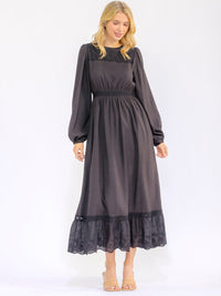 WOMEN'S LONG SLEEVE ELASTIC WAIST FRONT POCKETS EYELET DETAILED MAXI DRESS