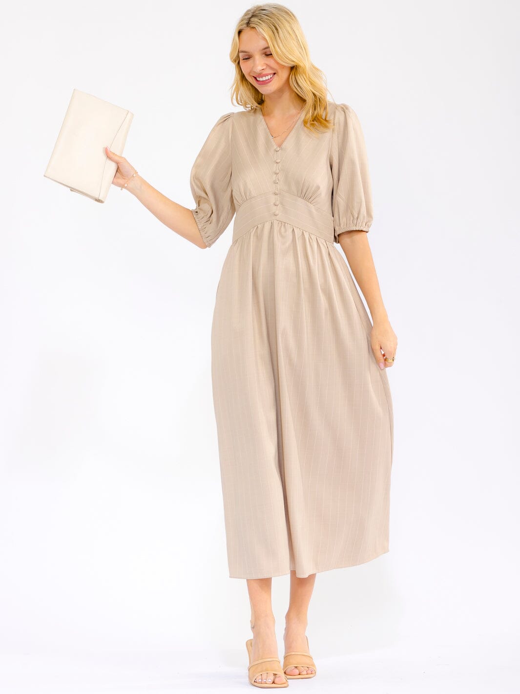 WOMEN'S SHORT SLEEVE V-NECK ELASTIC WAIST FRONT POCKETS STRIPES MAXI DRESS