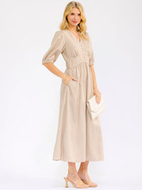 WOMEN'S SHORT SLEEVE V-NECK ELASTIC WAIST FRONT POCKETS STRIPES MAXI DRESS