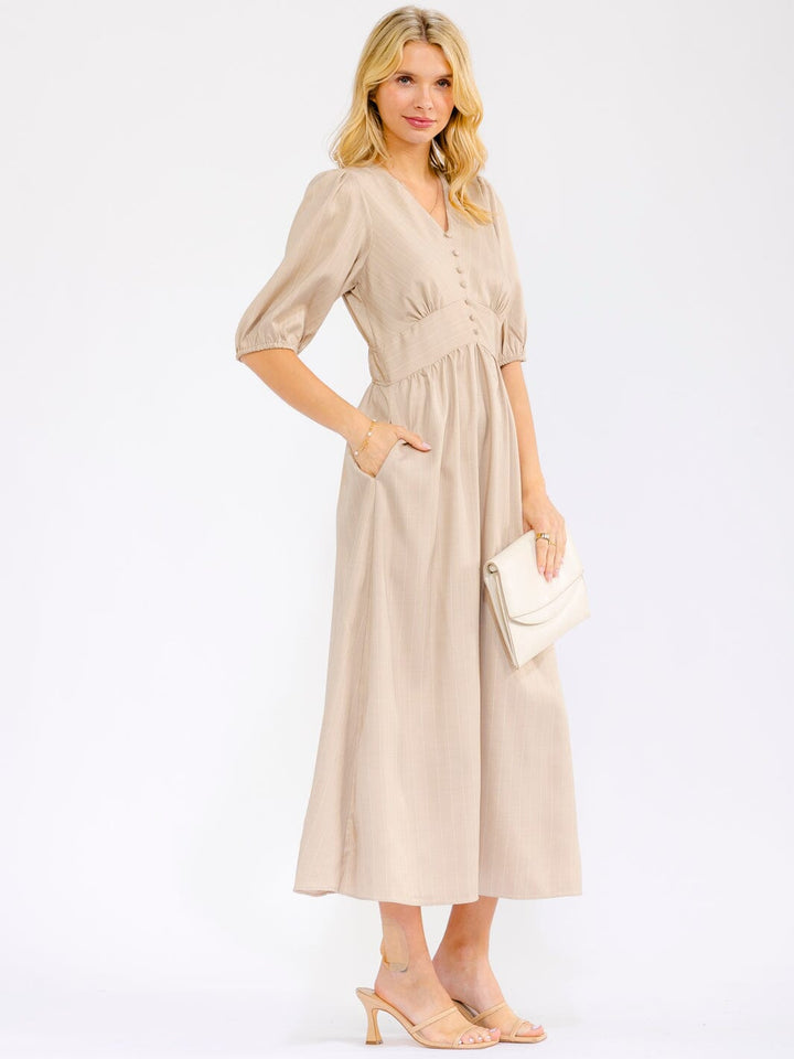 WOMEN'S SHORT SLEEVE V-NECK ELASTIC WAIST FRONT POCKETS STRIPES MAXI DRESS