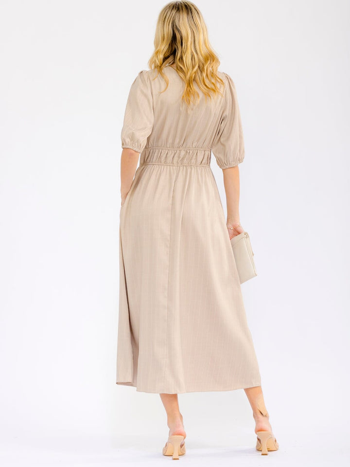 WOMEN'S SHORT SLEEVE V-NECK ELASTIC WAIST FRONT POCKETS STRIPES MAXI DRESS