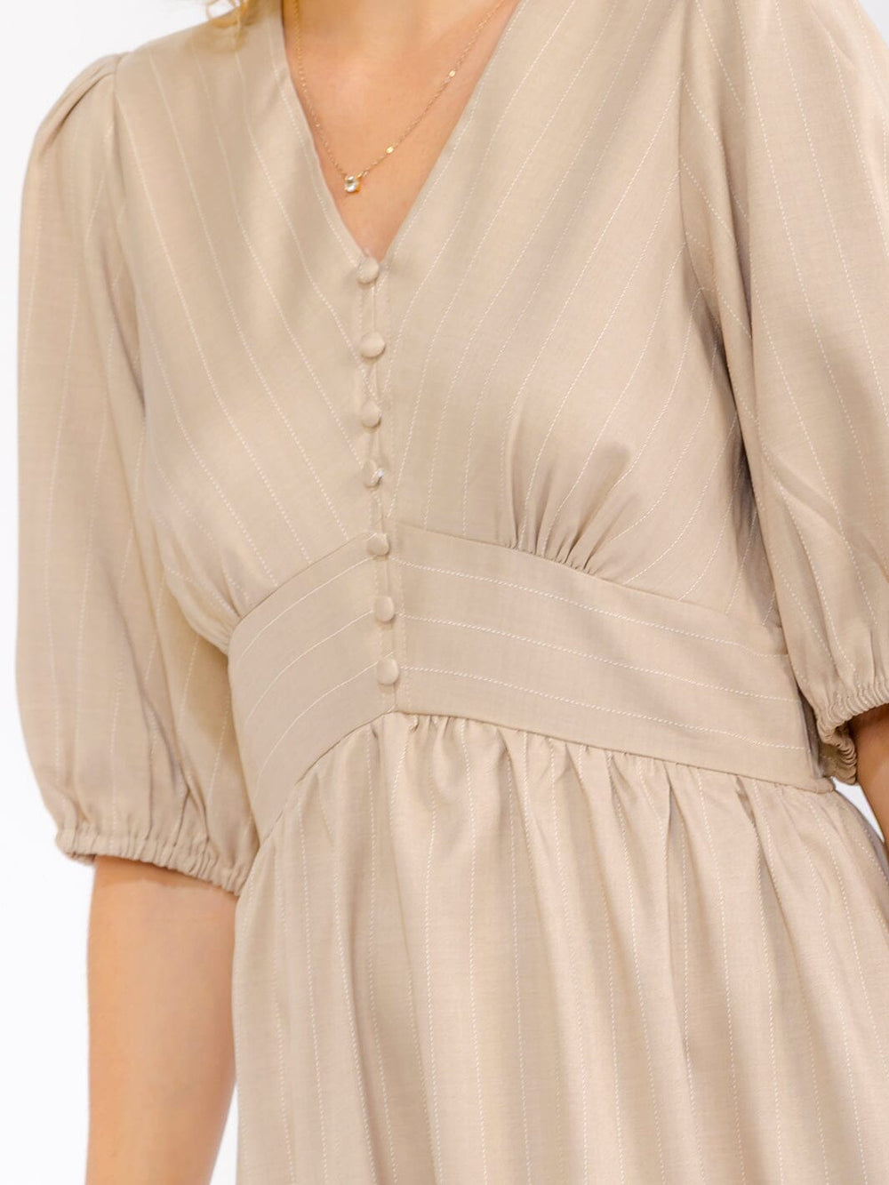 WOMEN'S SHORT SLEEVE V-NECK ELASTIC WAIST FRONT POCKETS STRIPES MAXI DRESS