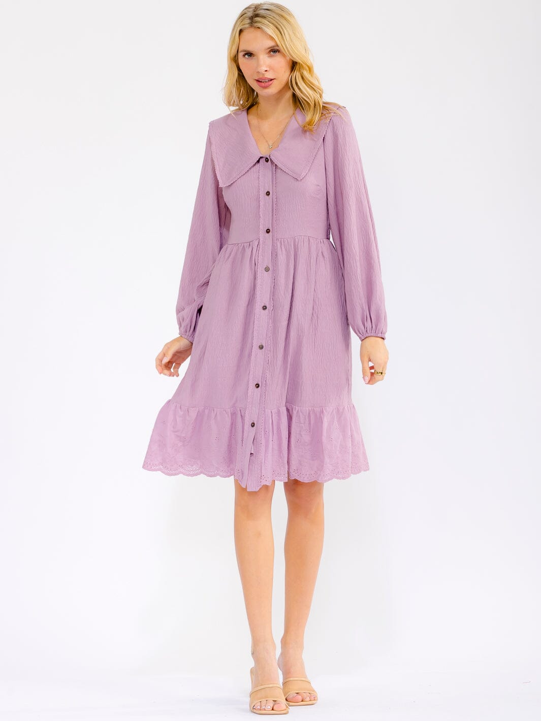 WOMEN'S LONG SLEEVE V-NECK BUTTON UP FRONT POCKETS MIDI DRESS