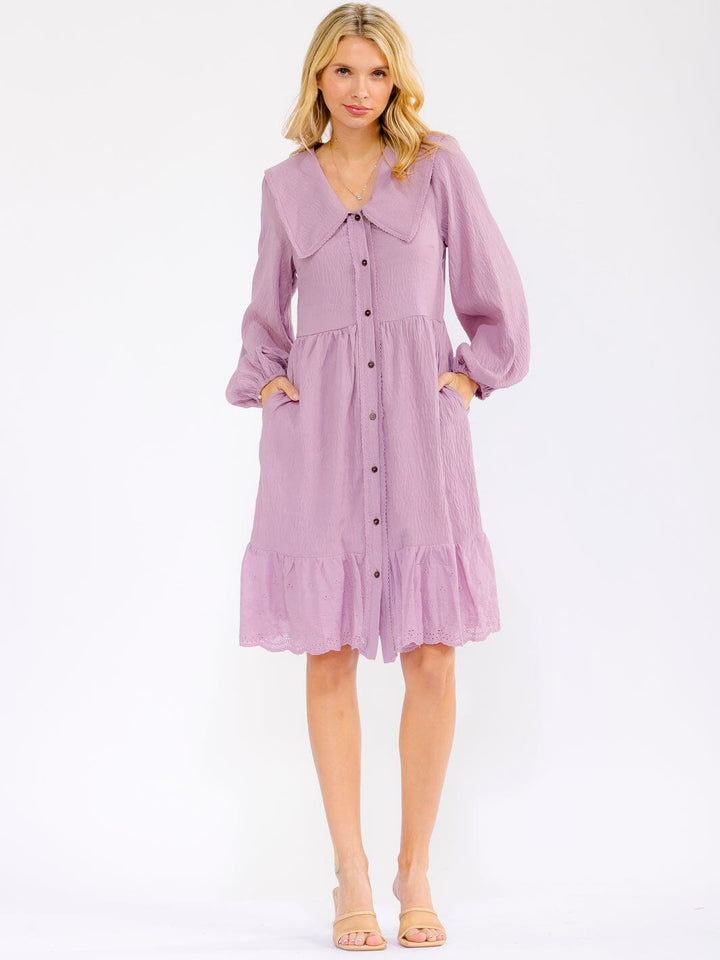 WOMEN'S LONG SLEEVE V-NECK BUTTON UP FRONT POCKETS MIDI DRESS