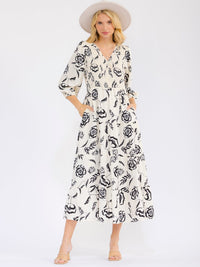 WOMEN'S 3/4 SLEEVE SURPLICE FRONT POCKETS SMOCK FLORAL MAXI DRESS
