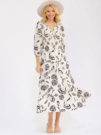 WOMEN'S 3/4 SLEEVE SURPLICE FRONT POCKETS SMOCK FLORAL MAXI DRESS