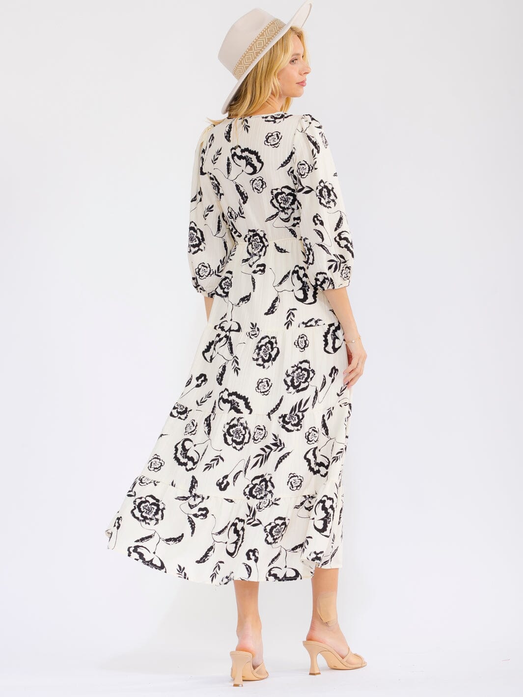 WOMEN'S 3/4 SLEEVE SURPLICE FRONT POCKETS SMOCK FLORAL MAXI DRESS