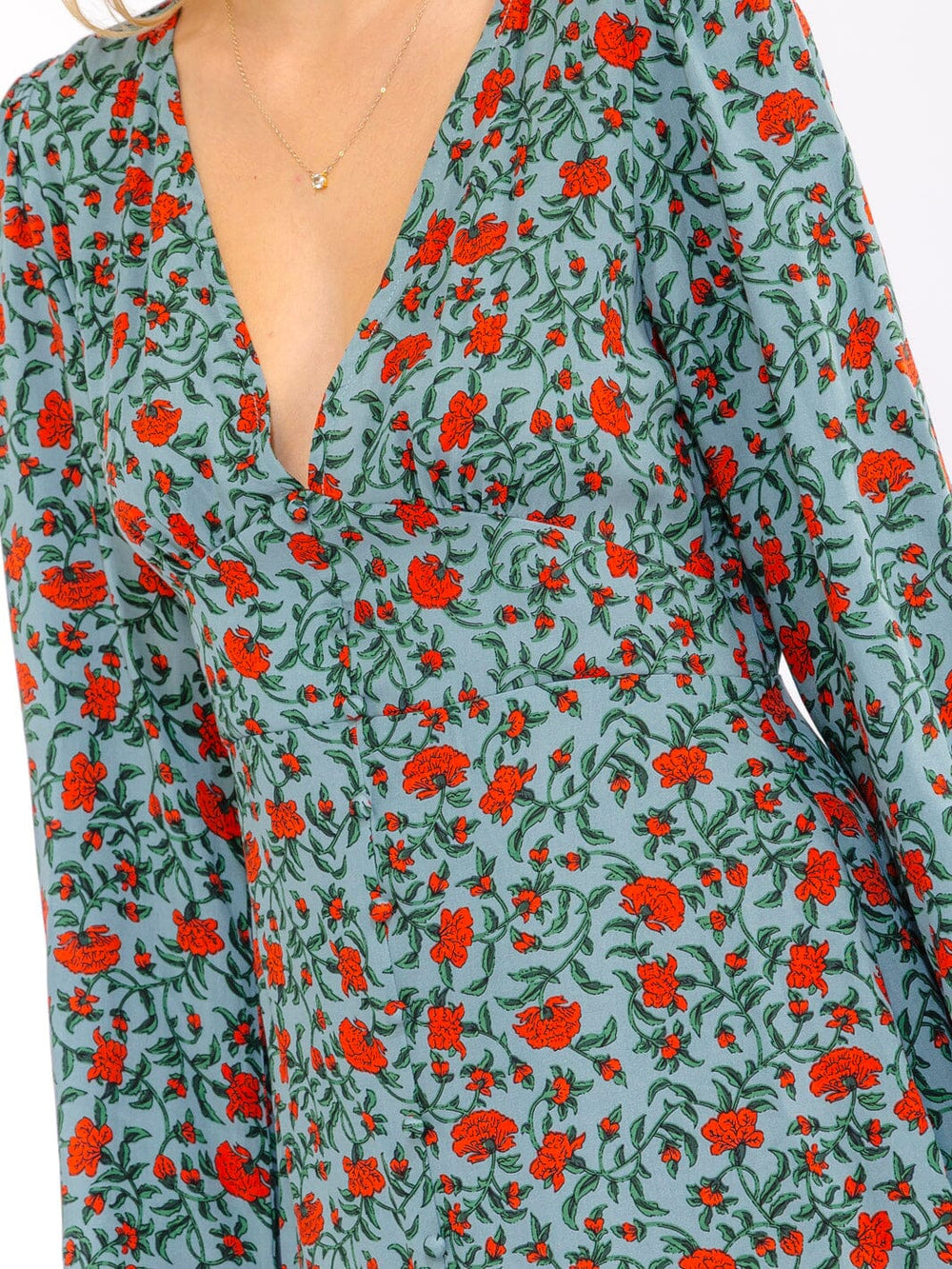 WOMEN'S LONG SLEEVE V-NECK BUTTON DETAILED FLORAL MINI DRESS