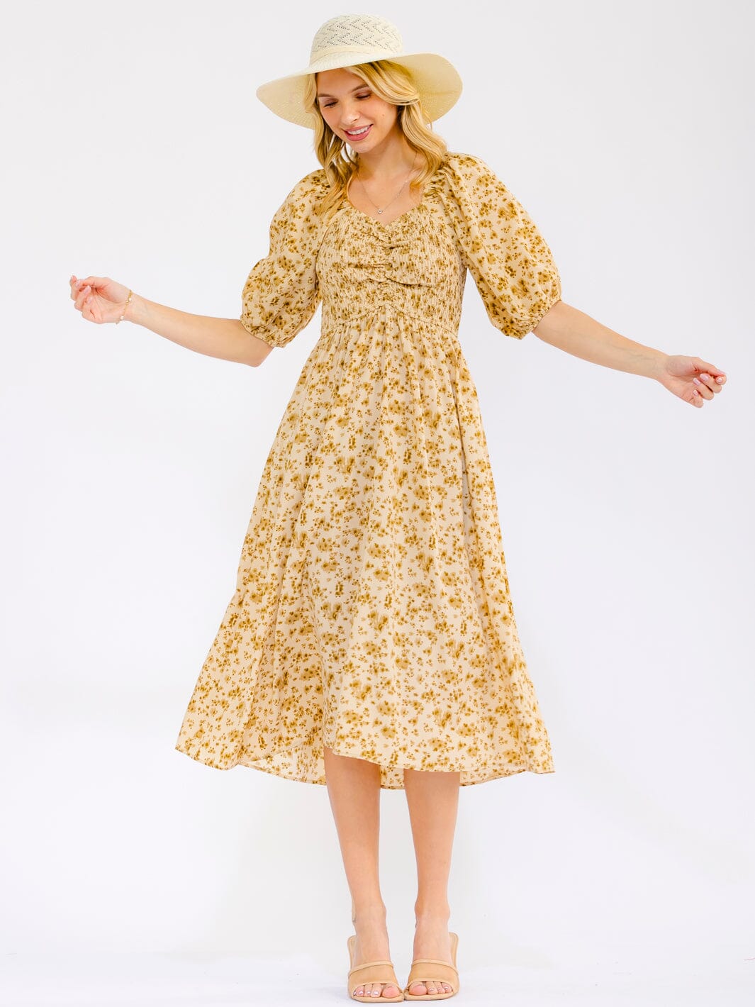 WOMEN'S SHORT SLEEVE SMOCK RUCHED FRONT POCKETS FLORAL MIDI DRESS