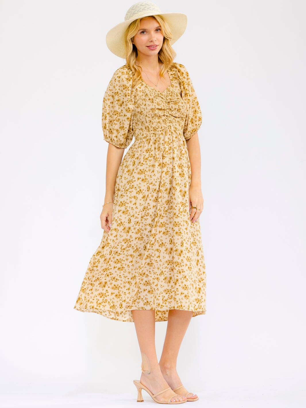 WOMEN'S SHORT SLEEVE SMOCK RUCHED FRONT POCKETS FLORAL MIDI DRESS